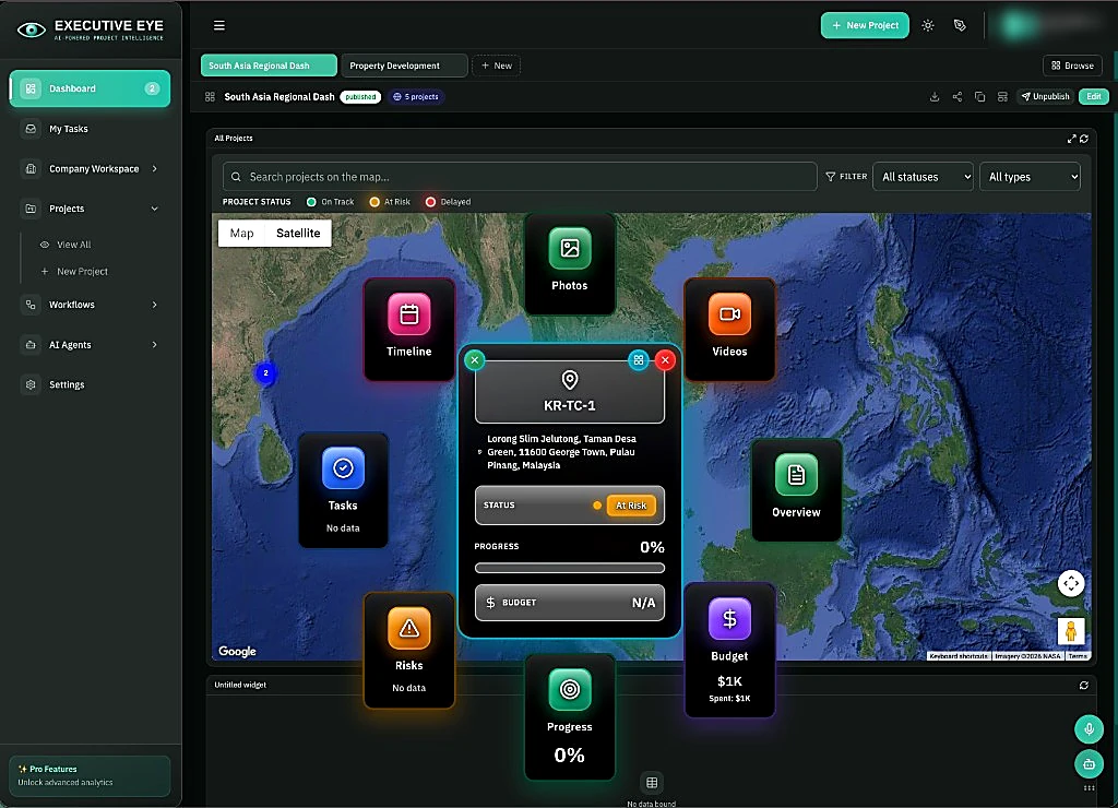 Project dashboard with a selected site card and modules for timeline, tasks, risks, budget and more.