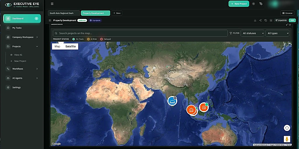 Executive Eye map view with development projects positioned across the globe.