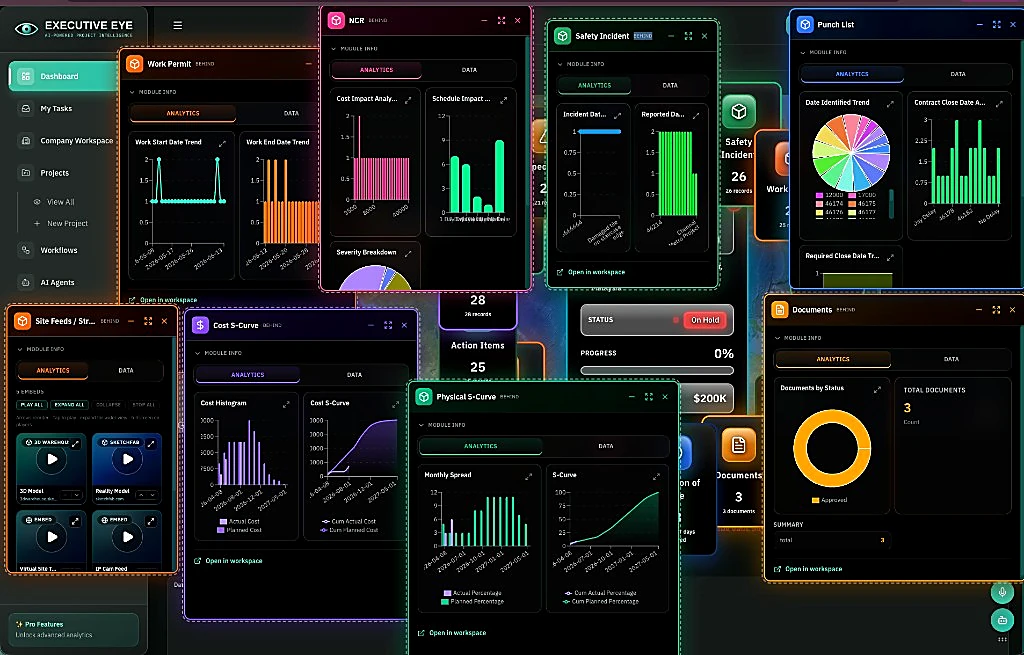 Analytics modules for NCRs, safety incidents, punch lists, cost S-curves and documents open side by side.