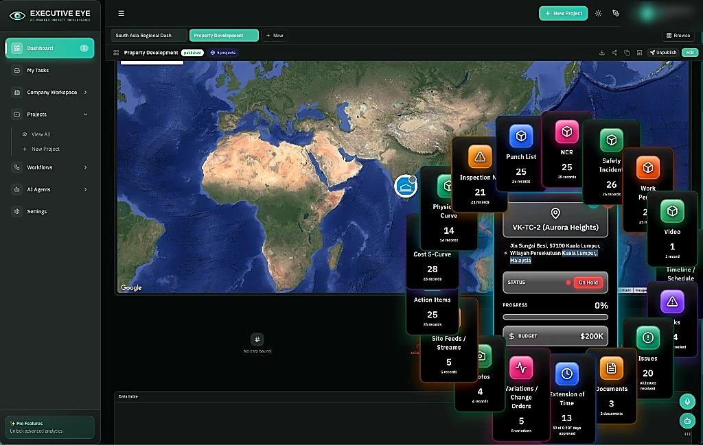 Property development dashboard with project record counts mapped over a world map.