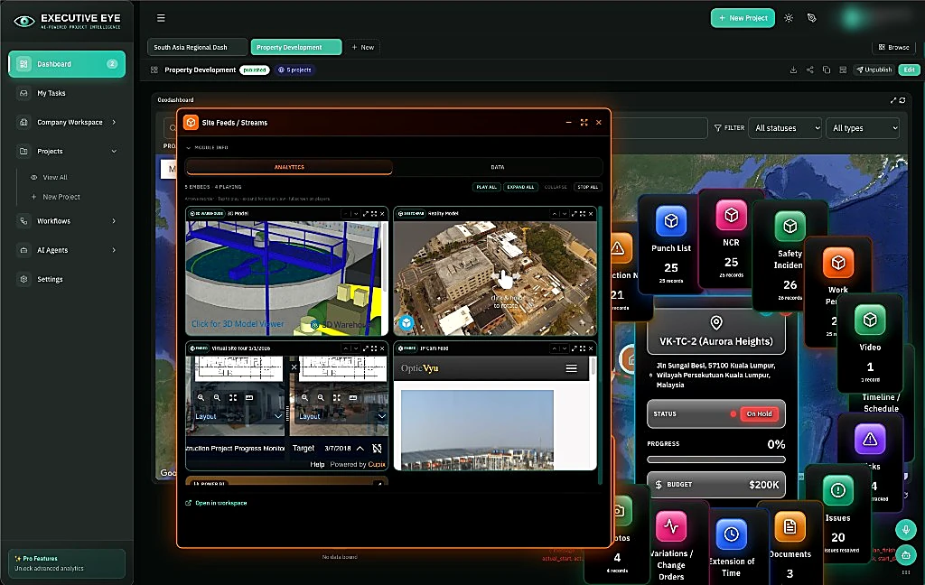 Site feeds panel with a 3D model, drone reality capture, a virtual site tour and a live IP camera feed.